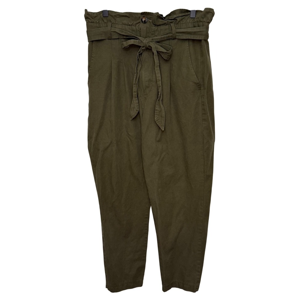 Avec Les Filles Womens Olive Green Paperbag Waist Cotton Tapered Pants Small